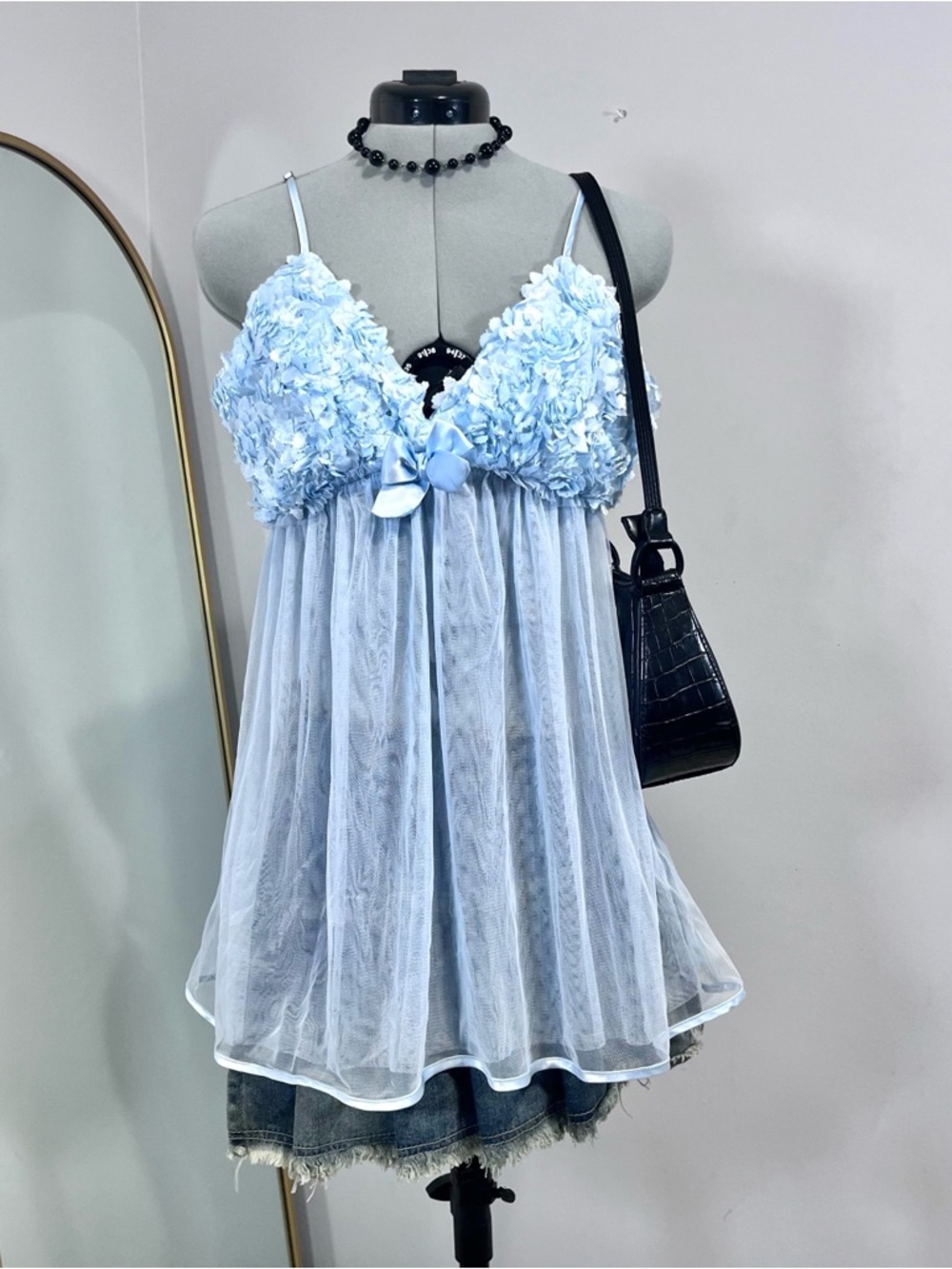 Flora Light Blue Floral Mesh Lace Babydoll  Lingerie Cami Top